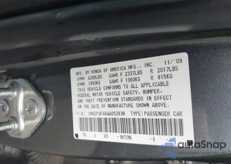 2010 Honda Accord 2.4 Lx-P из США, поврежденный, VIN 1HGCP2F46AA052938